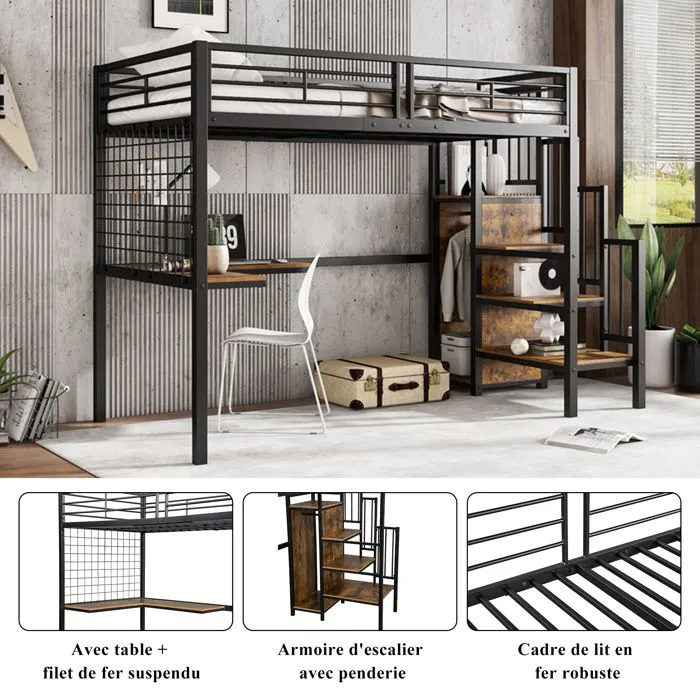 Lit mezzanine - Non spécifié - 90 x 200 cm - Noir - Échelle latérale - Armoire intégrée-4
