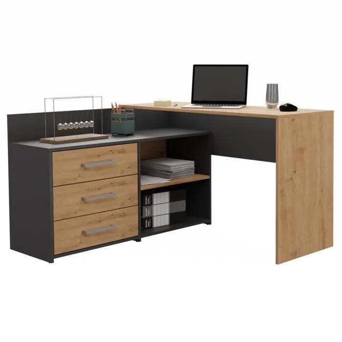 MOLINE - Bureau d'angle avec rangement - 3 tiroirs + 2 etagères - 120x50x76 cm - Bureau d'ordinateur-2
