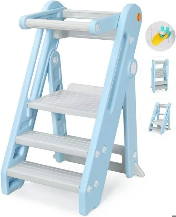 Tour d'observation Montessori Enfant, Marchepied pour Enfants réglable en Hauteur de 2 à 3 marches, Pliable, Sécurité, Bleu-0