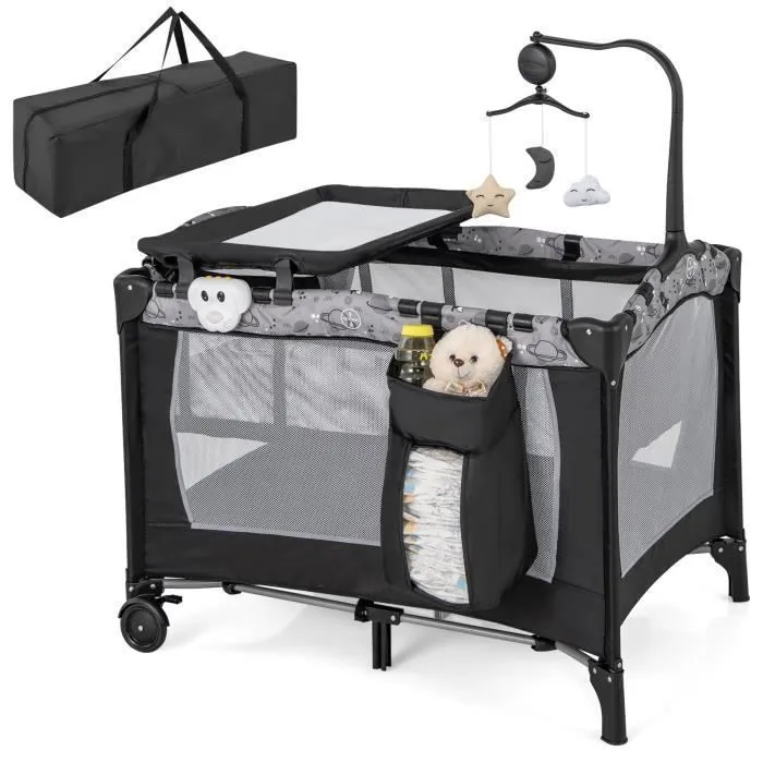 COSTWAY Lit Parapluie Bébé Pliant 4 en 1 avec Matelas,Jouets Suspendus,Boîte à Musique,Table à Langer Amovible 0-3 Ans 15KG Gris-0
