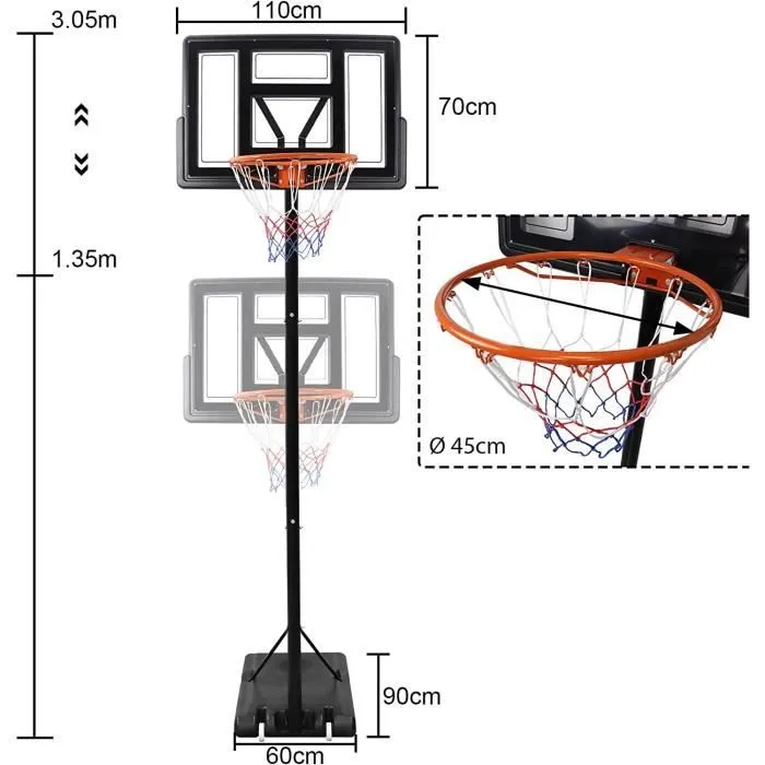 Panier de Basket exterieur Cadre de basket-ball pour enfant et adulte -Hauteur réglable 135 - 305cm Support de Basket-Ball intérieur-1