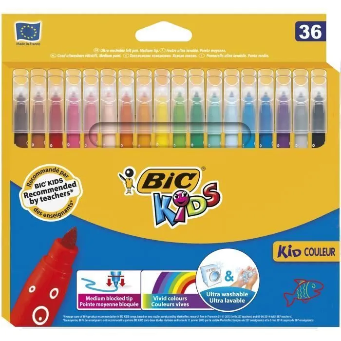 BIC Kids Kid Couleur Feutres de Coloriage à Pointe Moyenne - Couleurs Assorties, Etui Carton de 36-0