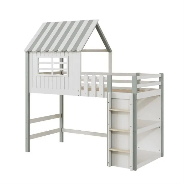 Lit mezzanine enfant90x200cm - forme toit avec échelle et rangement - DREAMMESPACE - Vert-2