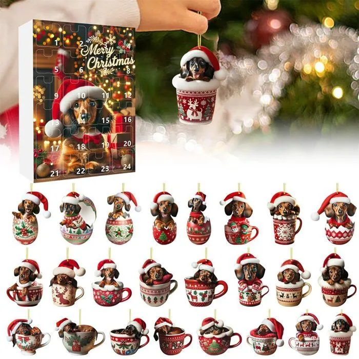 Calendrier de l'Avent Teckel compte à rebours de 24 jours jusqu'à Noël avec pendentif amusant teckel, décoration d'arbre de Noël-0