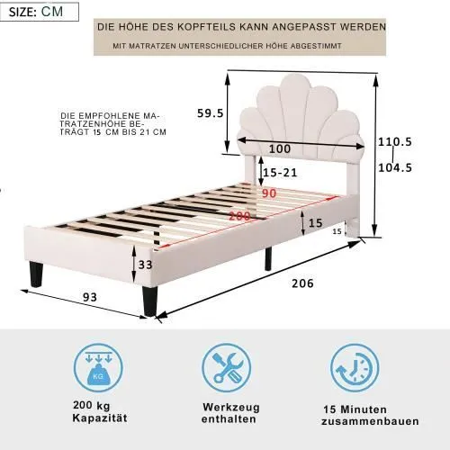 Lit d'enfant - cadre de lit avec tête de lit en forme de fleur et sommier à lattes, len velours doux pour la peau, beige,90 x 200 cm-3