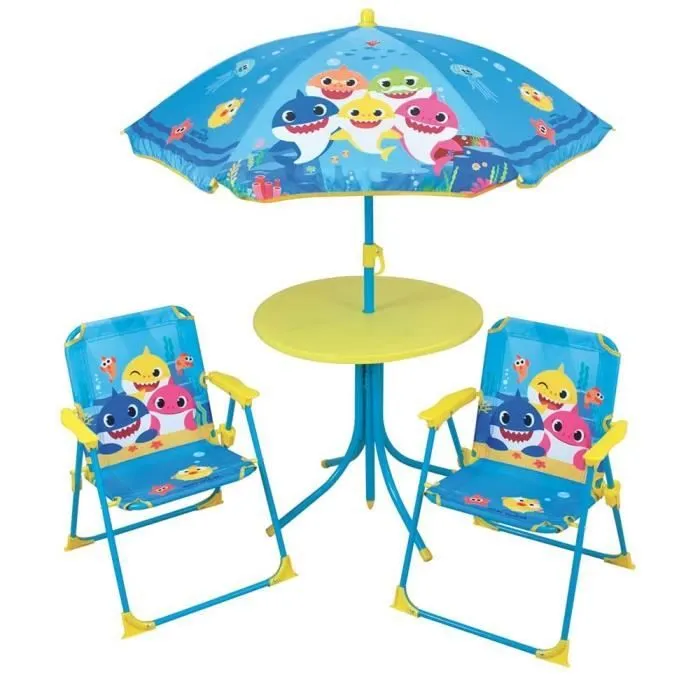 FUN HOUSE Baby Shark Salon de jardin - 1 table H.46xø46 cm, 2 chaises H.53xl.38,5xP.37,5 cm et 1 parasol H.125 x ø100 cm-1