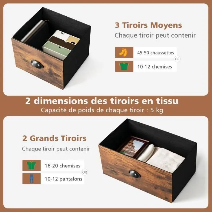 COSTWAY Commode en Tissu avec 5 tiroirs Non Tissés, 100 x 30 x 54 cm Meuble de Rangement, Cadre en Métal, Placards, Salon, Chambre-2