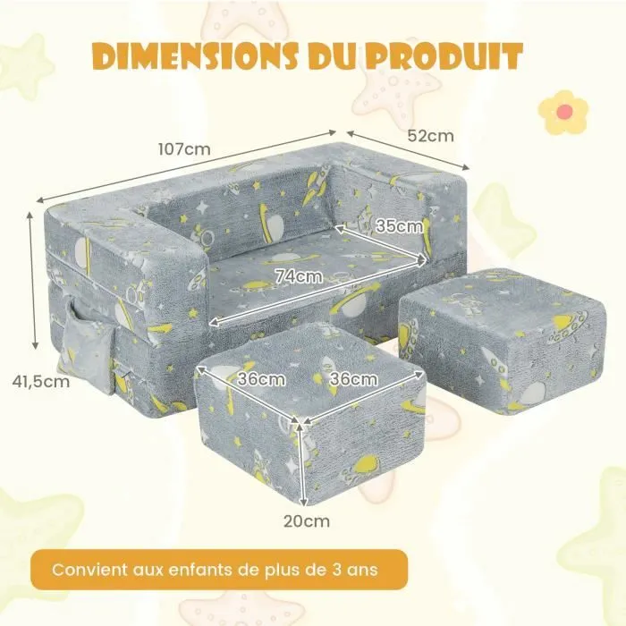 COSTWAY Canapé Enfants Lumineux (Brillant dans le Noir) 5 en 1, Housse Amovible et Lavable Canapé Convertible pour 3 Ans+-3