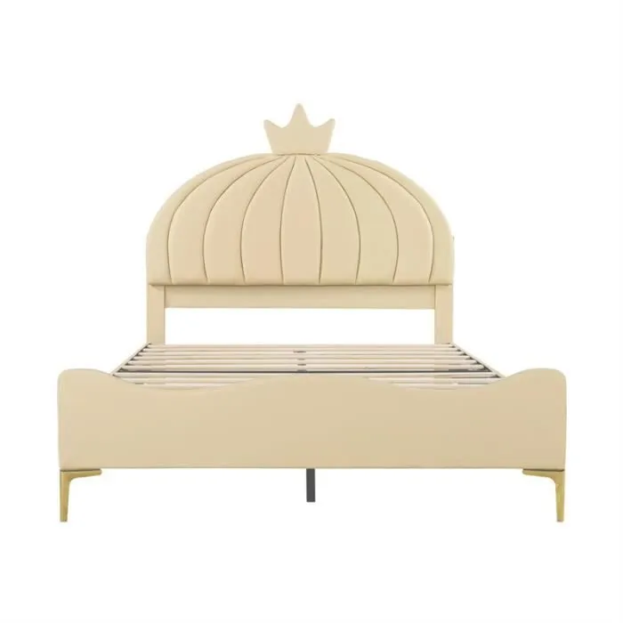Lit enfant - DREAMMESPACE - 140x200cm - Simili cuir beige - Tête de lit citrouille - Sommier à lattes-2
