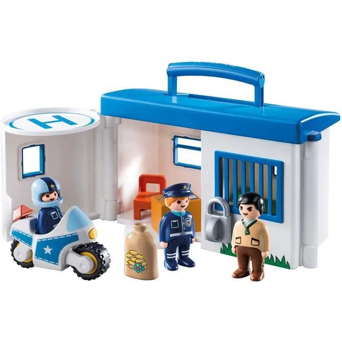 Commissariat de police transportable - PLAYMOBIL 1.2.3 - Avec bureau, héliport et moto de police-5