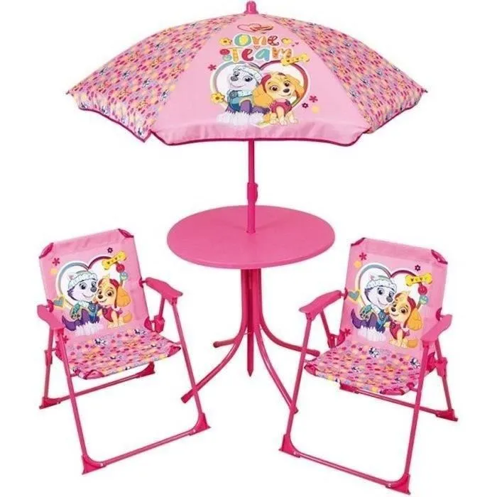 Salon de jardin FUN HOUSE PAT'PATROUILLE - 1 table 46xø46 cm, 2 chaises H.53xl.38,5xP.37,5cm et 1 parasol-0