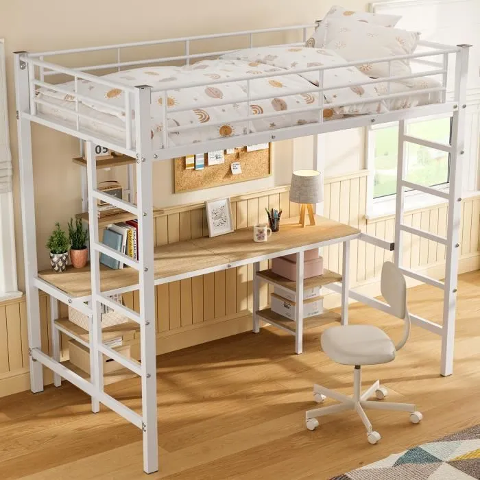 Lit mezzanine - Enfant - 90x200 cm - Bureau et étagères - Fer blanc - Sécurisé EN747-0