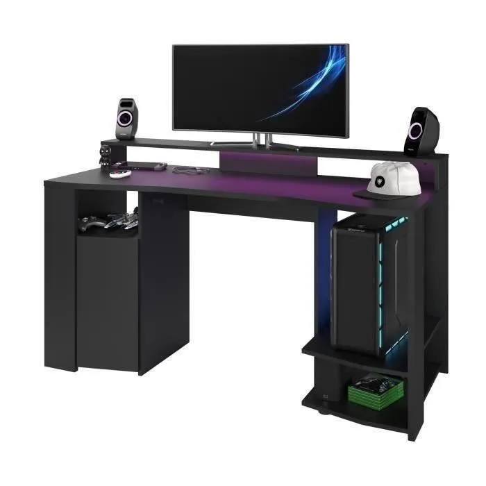 Bureau gaming LED droit - Noir - L 152 x P 61,5 x H 86,7 cm - Grande zone de jeu - GAMING-0