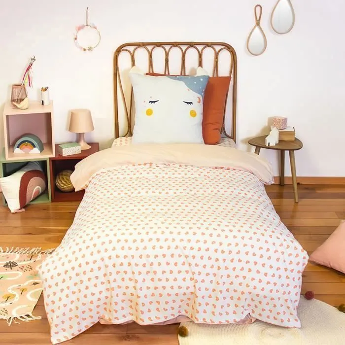 Parure de lit imprimée 140x200 cm Enfant - Housse de Couette + 1 Taie d'oreiller Motif Licorne cœur avec Poche Doudou –Microfibre-1