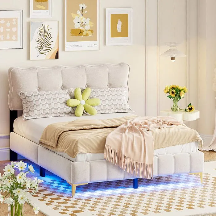 Lit rembourré 140 x 200 cm, avec éclairage LED, style moderne, avec sommier à lattes, beige (sans matelas)-0
