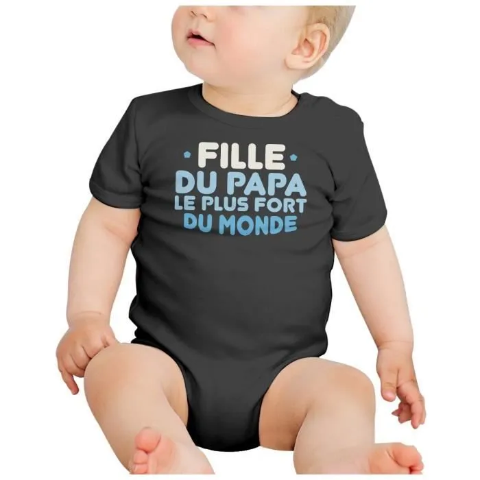 Body Bébé Manche Courte Noir Fille du Papa le Plus Fort du Monde Père Famille-1