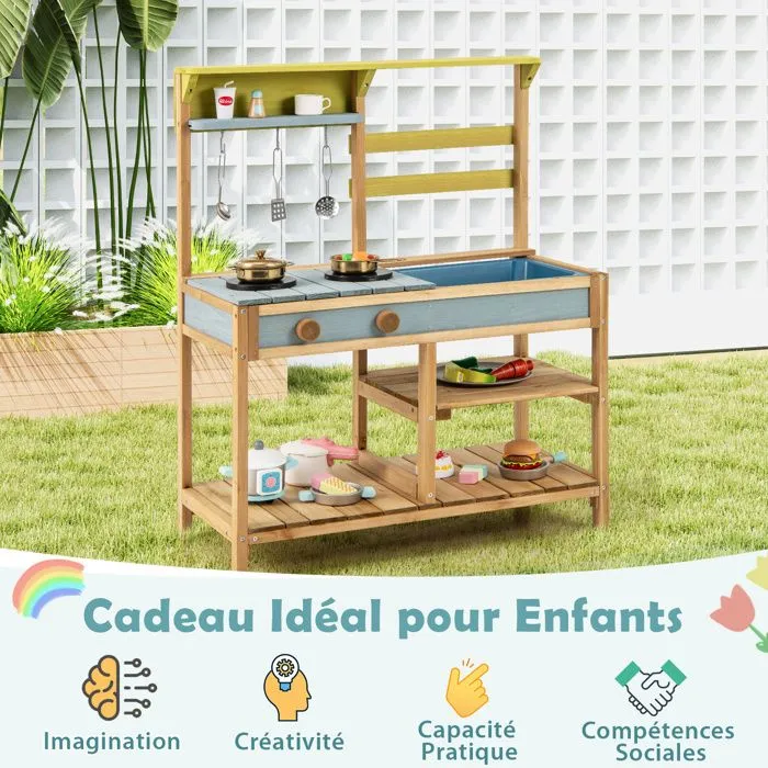 COSTWAY Cuisine Extérieure Dinettes à jouer pour Enfant 3 Ans+ en Bois de Sapin Naturel-5