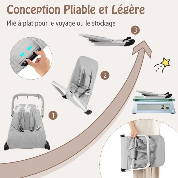 COSTWAY Transat Bébé Pliable-de la Naissance à 6 Mois-9KG-Barre de Jouets-Housse en Tissu Amovible-Base en Aluminium Léger-Gris-1