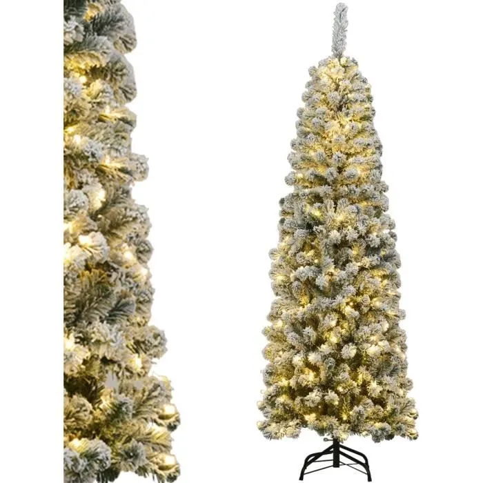 Sapin de Noël LED Artificiel 180CM COSTWAY-250 Lumières Blanc Chaud-Aiguilles PVC Floqué de Neige-Support Métallique-à Charnières-0