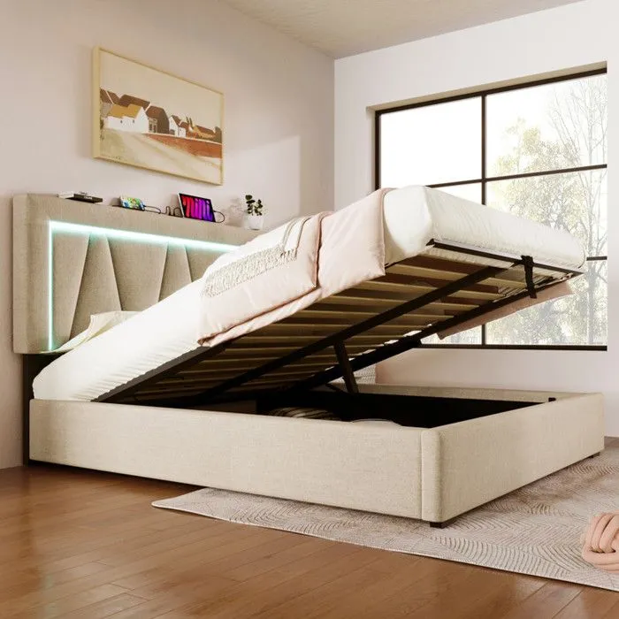 ModernLuxe Lit coffre rembourré 140x200cm avec LED et Port de charge USB et Type-C - tissu en lin - sommier à lattes - Beige-1