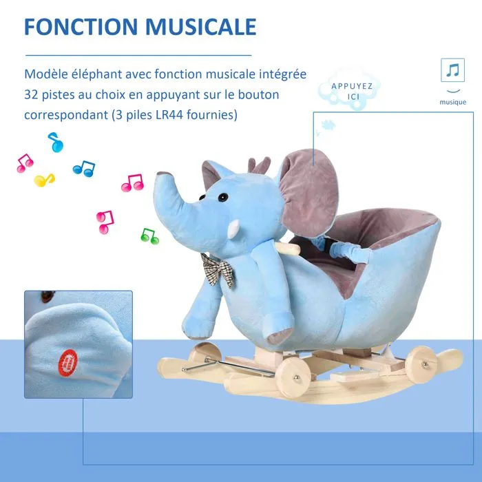 Cheval à Bascule HOMCOM Jouet à Bascule éléphant et Porteur sur roulettes 2 en 1 Fonction Musicale 32 Pistes Ceinture sécurité  Bleu-5
