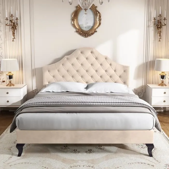 BM Lit adulte 140x190cm en velours, désign chesterfield, lit double capitonné en velours, tête de lit réglable, sans matelas, beige-1