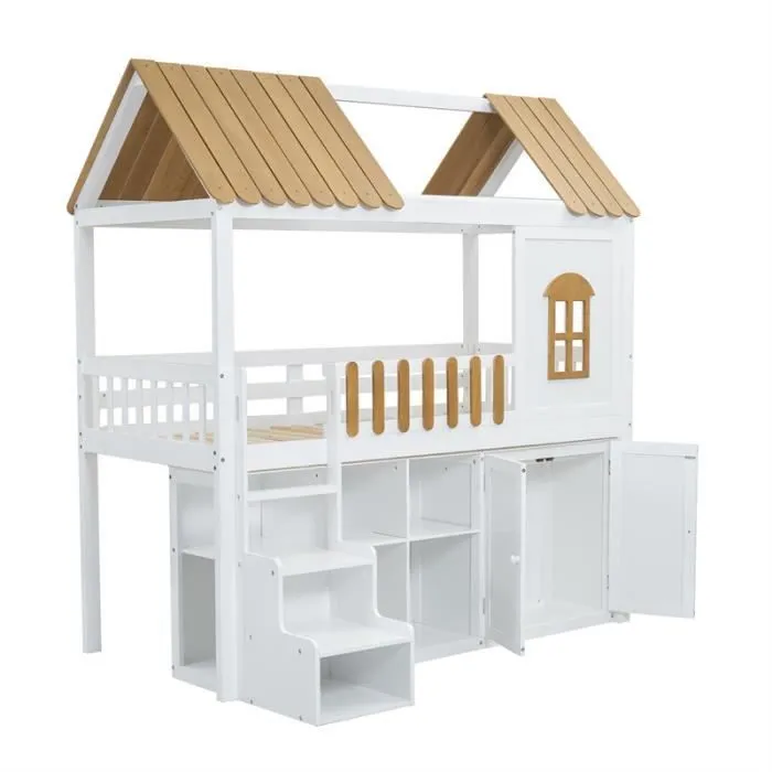 Lit superposé - Enfant - 90x200cm - Bois - Blanc + Naturel - Avec rangement et fenêtre-2