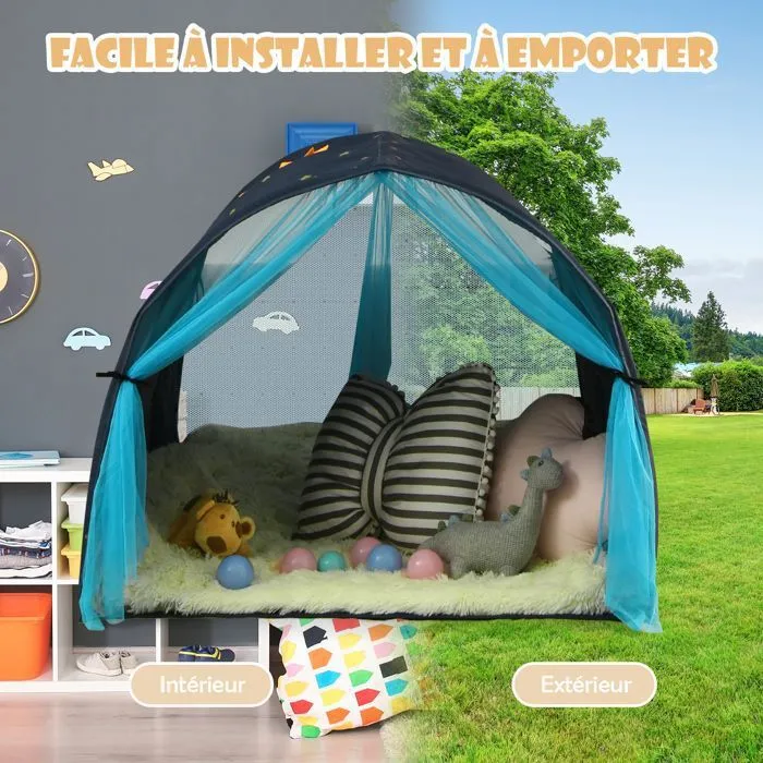 Tente de Jeu Enfants COSTWAY-Tente Tunnel Active-Fenêtre-Rideau à Double Filet-Poche de Stockage-Sac de Transport-144x102x82 CM-Bleu-3