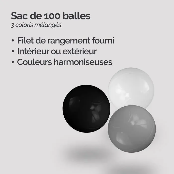 Lot de 2 sacs de 100 balles de jeu ou de piscine indéformables - Noir, Gris, Blanc - Monsieur Bébé-2