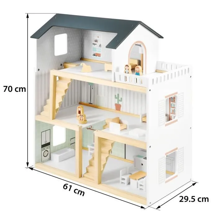 Mamabrum Maison de Poupées en Bois avec Grande Terrasse 4 Figurines, 3 Etages, 2 Chambres, Cuisine, Salon & 19 Pièces Mobiles (CE)-3