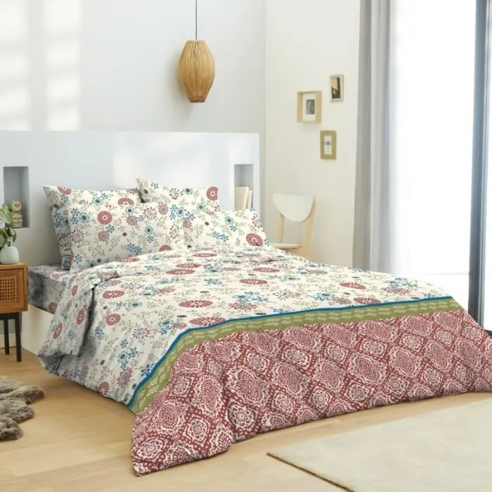 Pack complet housse de couette réversible pour lit 160 x 200 cm Nature rouge-0