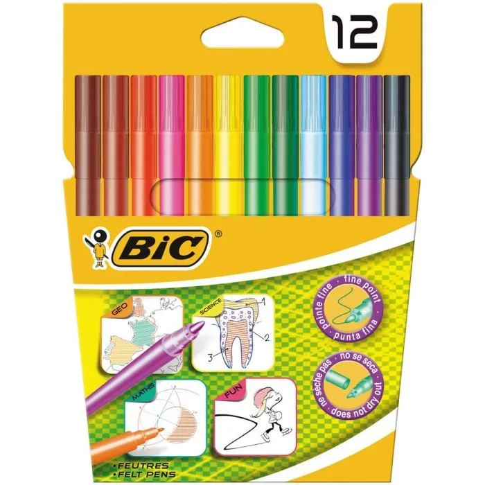 Feutres de coloriage - BIC - For School - 12 pièces - Encre lavable - Pointe fine-3