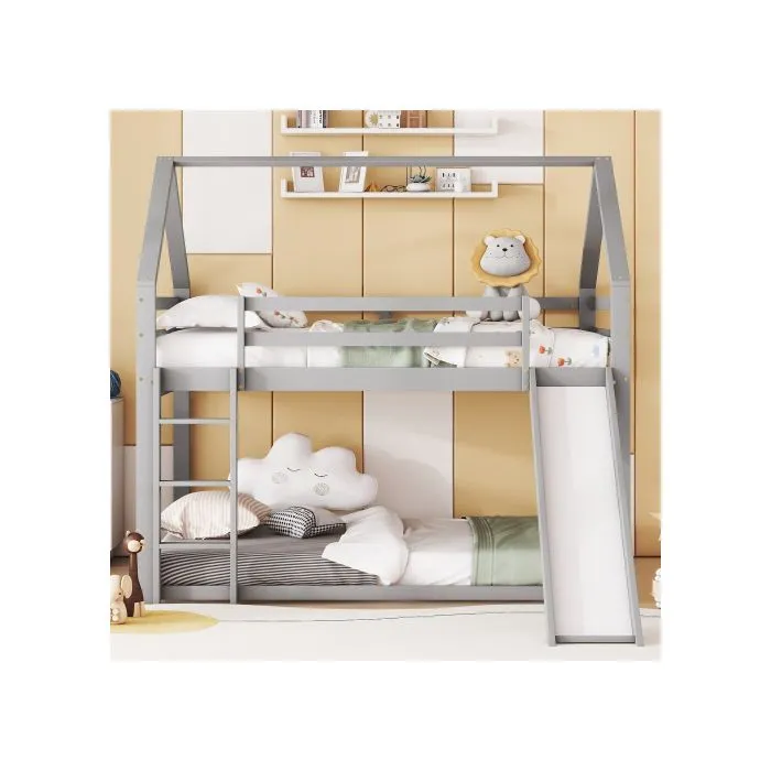 Lit superposé avec toboggan et échelle, lit superposé pour chambre d'enfant, gris, 140x200 cm-1