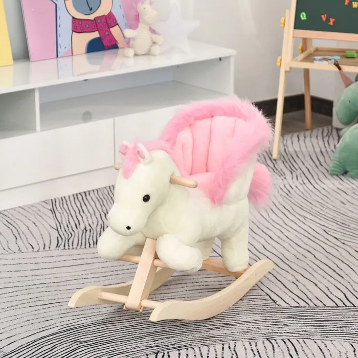 Cheval à bascule musical en bois peuplier blanc et rose pour enfant de 18 mois et plus-2