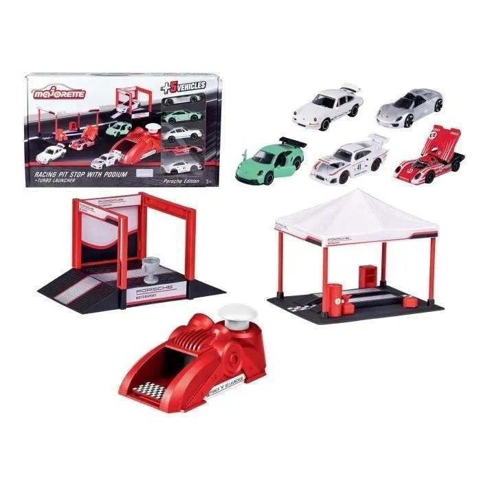 Jouet - Majorette - Porsche Stand de Course et Podium - 5 Véhicules - Dès 3 Ans-0