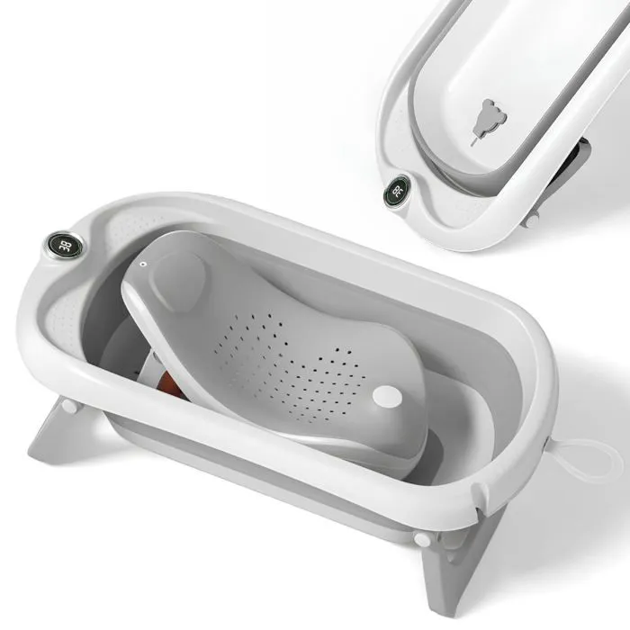 Baignoire bébé pliable - Thermomètre et transat inclus - LEAF - Grey | SUPERBE BEBE-0
