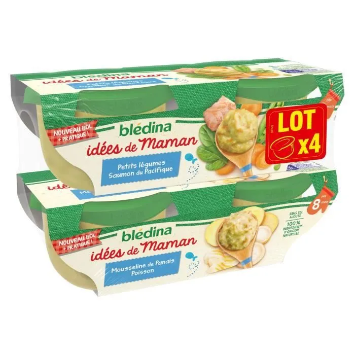 Blédina Idées de Maman, Repas pour bébé dès 8 Mois, Petits Légumes Saumon/ Mousseline de Panais Poisson, 4x200g-1