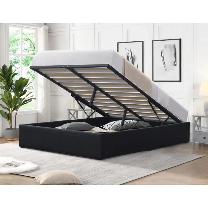 Lit Coffre LORIS 140x190 - - Noir - A Lattes - Avec Tiroirs-0
