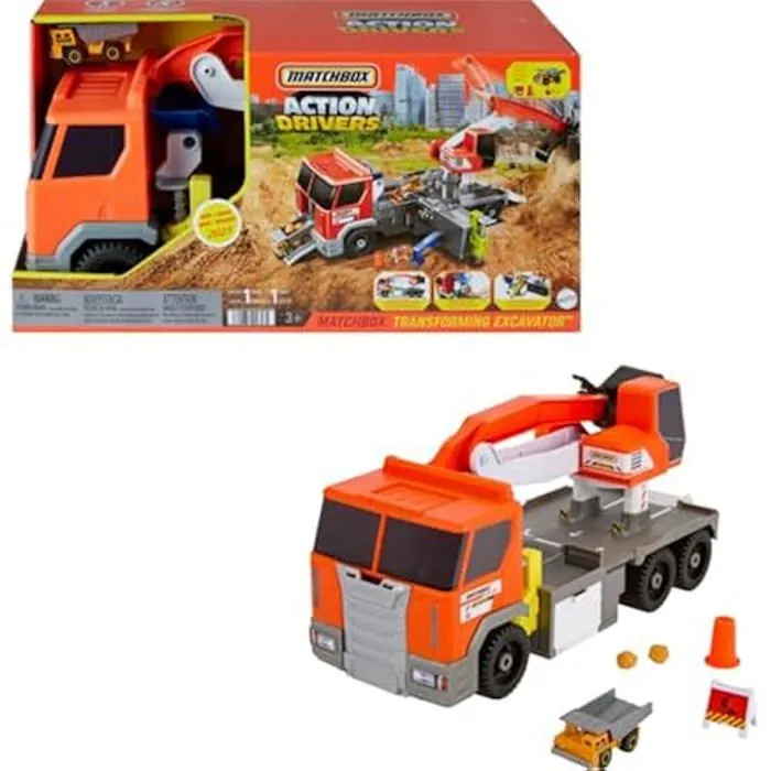 Matchbox Coffret Action Drivers Excavatrice Transformable, Grand Camion-Benne Échelle 1/64 À Compartiments Pratiques, 4 Accessoires-0