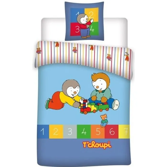 Parure de lit enfant coton bio Tchoupi - Marque - Modèle - 100% coton bio - Lavable en machine - Bleu-0