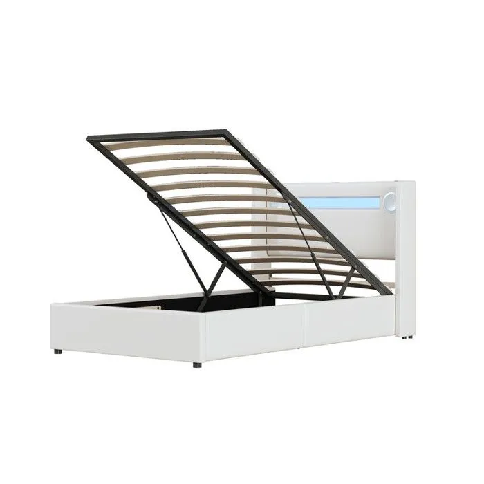 MODERNLUXE Lit coffre rembourré 90x200cm avec LED, lecteur Bluetooth - USB - sommier à lattes - en similicuir - Blanc-2
