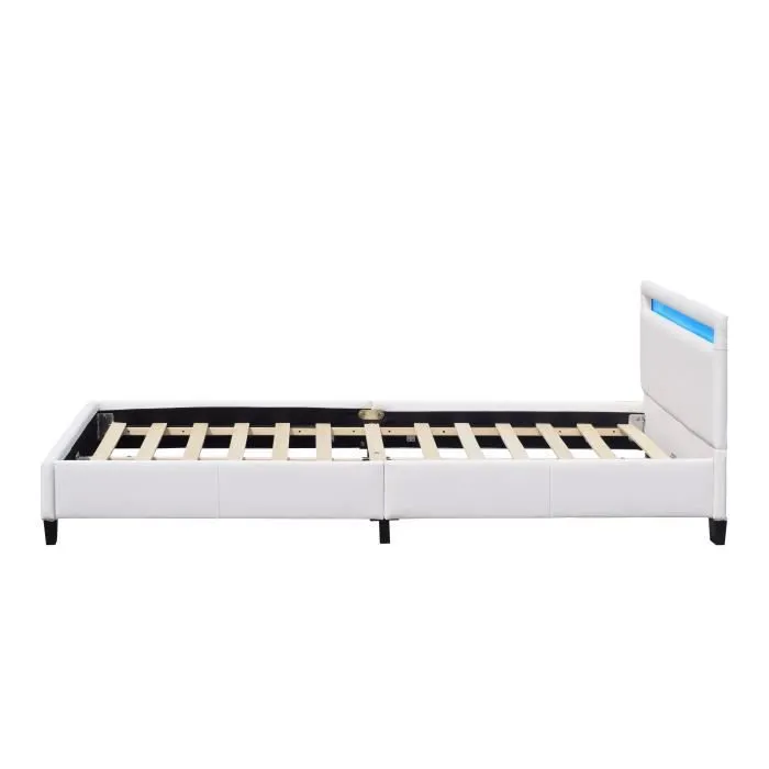 angel - Solide et Confortable Lit 140x190 avec Sommier Tte de Lit avec Eclairage LED Couleur BLANC Pieds en 10-3