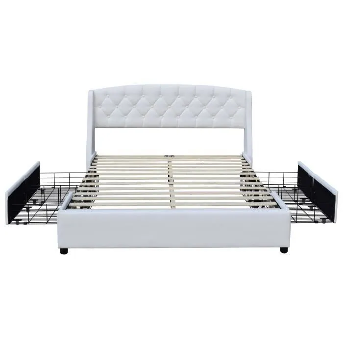iris - Solide et Confortable Lit 160x200 avec Sommier avec 4 tiroirs Tete de lit Couleur BLANC Pieds en 4 cm-1