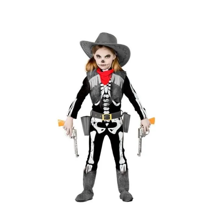 Déguisement Squelette Cowboy Fille - Combinaison, Bandana, Gilet, Ceinture et Couvre-bottes-0