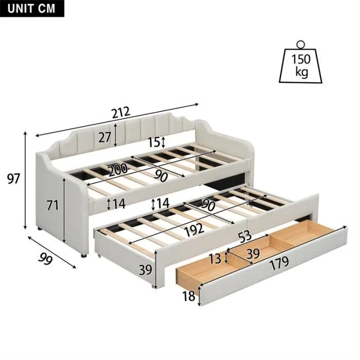 Lit gigogne - Non spécifié - 90x200/90x190cm - Beige - Avec tiroirs - 4 places-3