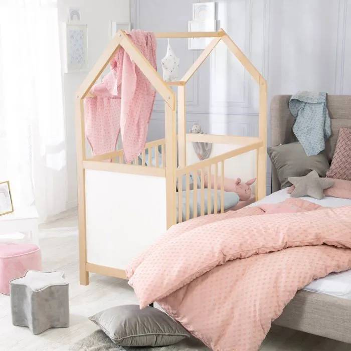 ROBA Lit Cabane Bébé Évolutif 70x140 cm - Convertible en Lit Junior et en Banc - Hauteur Réglable - Bois Laqué Blanc / Naturel-4