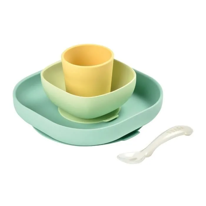 BEABA Set vaisselle silicone repas bébé, 4 pièces, avec ventouse, anti-dérapant, jaune-0