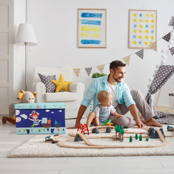 Relaxdays Tabouret Coffre à jouets boîte à jouets couvercle pouf enfant pliable rangement trésor 50L, bleu foncé-1