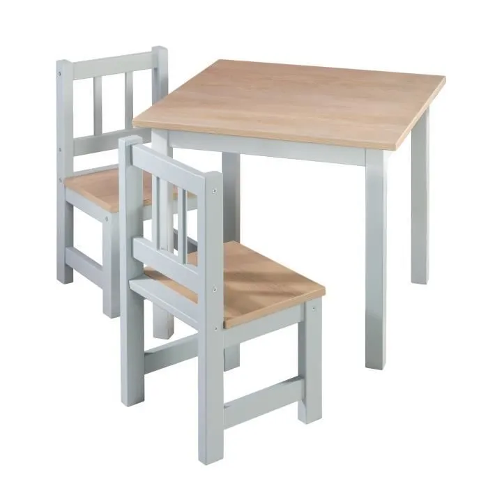 ROBA Ensemble Table + 2 Chaises Enfants Woody - Table de Jeu et d'Apprentissage - Résistants aux Rayures - Gris / Décor Bois-0