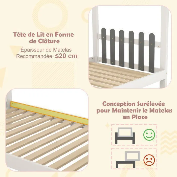 COSTWAY Lit Simple 200 x 90 cm avec Bureau, Lit Plateforme avec Crochets et Tiroirs, 18 Lattes en Bois, Structure de Lit Blanc Gris-3